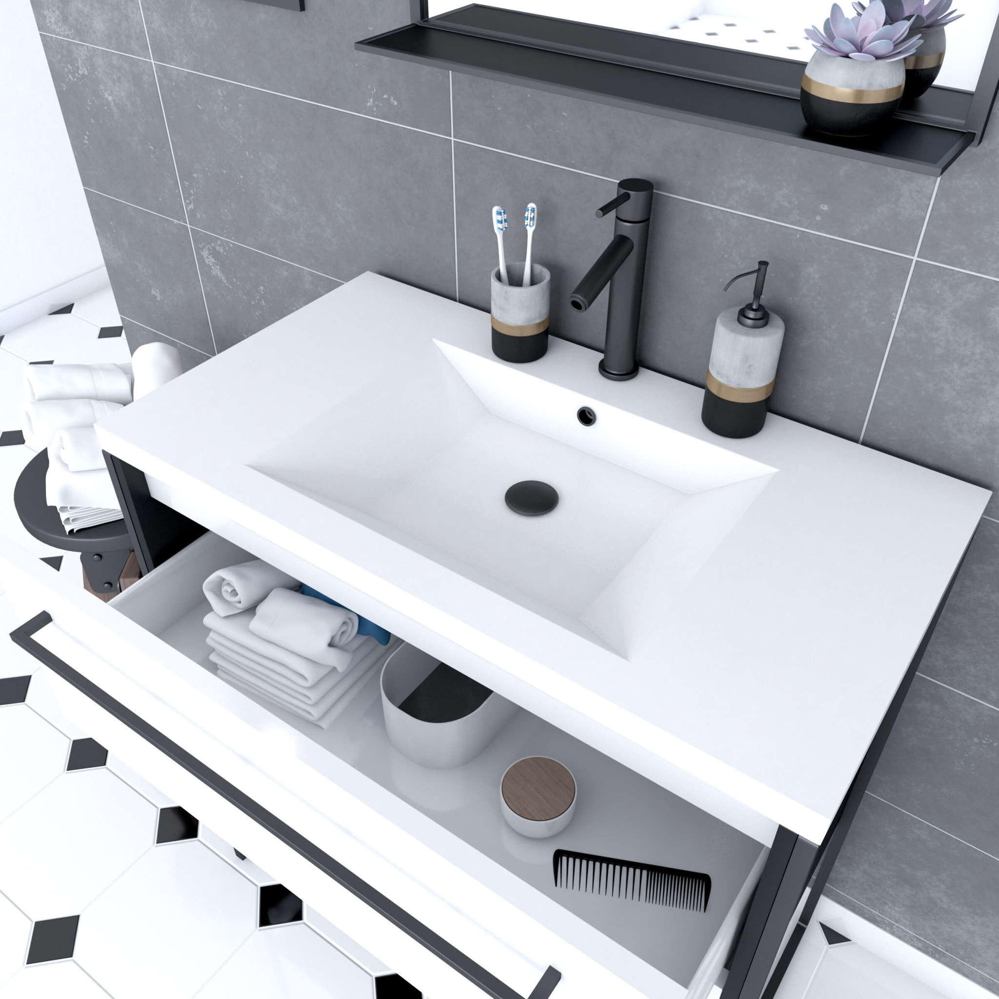 Pack meuble de salle de bain 80x50 cm - 2 tiroirs blanc - vasque blanche + miroir noir mat
