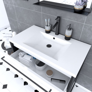 Pack meuble de salle de bain 80x50 cm - 2 tiroirs blanc - vasque blanche + miroir noir mat
