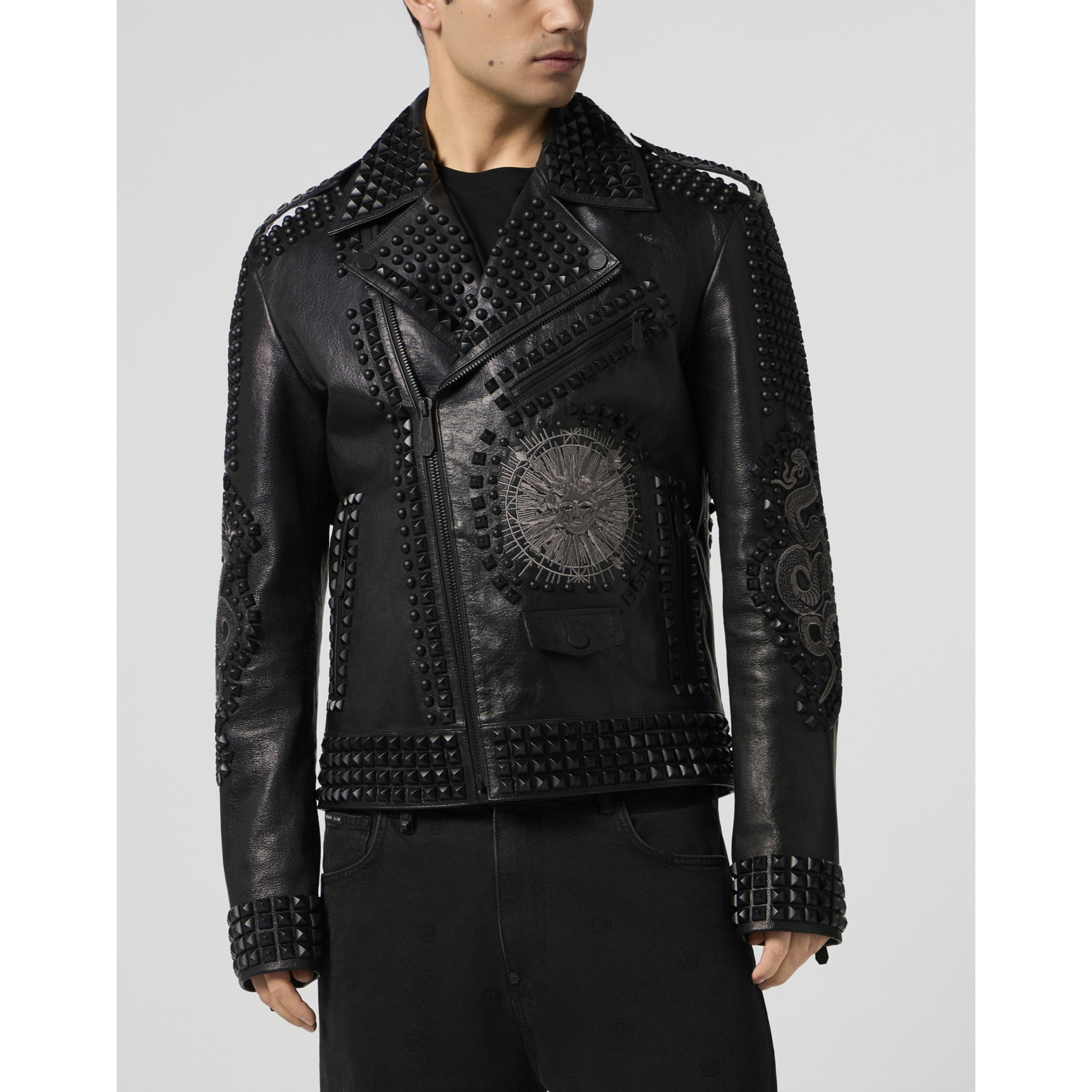 PHILIPP PLEIN Vintage Leather Biker Jacket Tattoo Patches & Studs