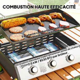 Plancha gaz avec couvercle - 3 brûleurs total 7,5 kW - surface cuisson 61 x 35,5 cm - détendeur tuyau inclus