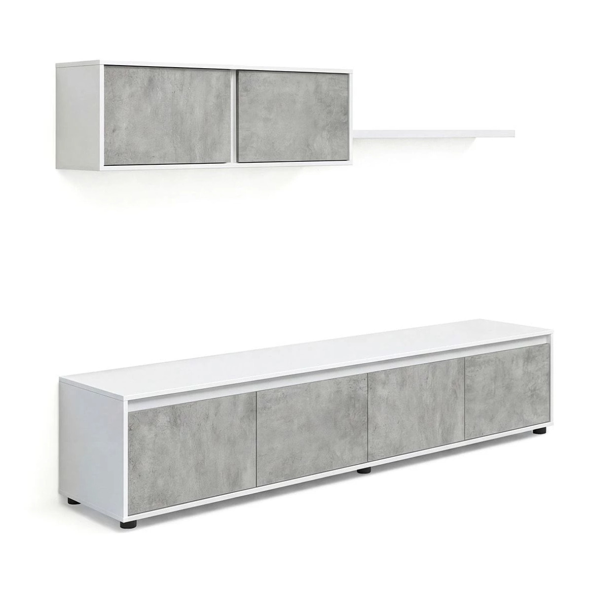 Salón con mueble de TV y estantería en blanco artik y gris cemento 200 cm Arlet Blanco Artik (Blanco Mate) - Gris Cemento