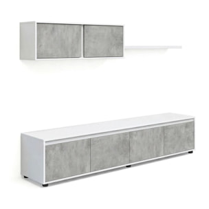Salón con mueble de TV y estantería en blanco artik y gris cemento 200 cm Arlet Blanco Artik (Blanco Mate) - Gris Cemento