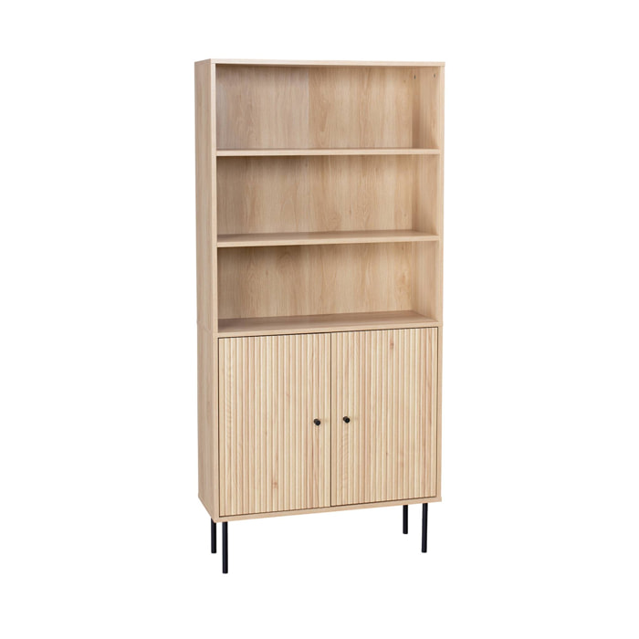 Bibliothèque décor bois rainuré et métal noir 2 portes 5 étagères H170.5cm