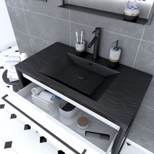 Meuble de salle de bain 80x50 cm Noir MAT - 2 tiroirs BLANC - vasque résine noire effet pierre