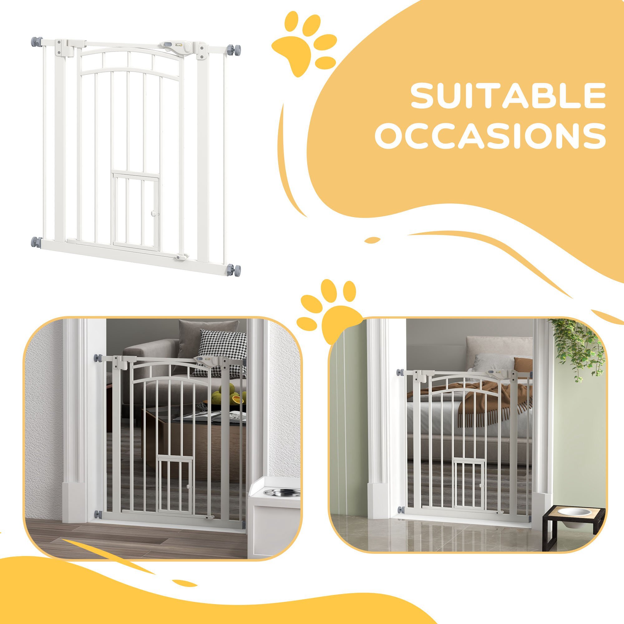 Barrière de sécurité chien, barrière d'escalier à fixation par pression sans percer, porte fermeture automatique, système de double verrouillage, 74 à 80 cm, acier, blanc