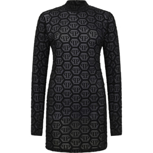 PHILIPP PLEIN Tulle Long-Sleeved Mini Dress Monogram Jacquard