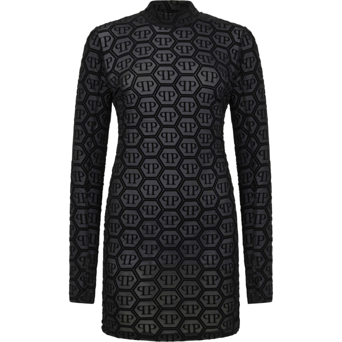 PHILIPP PLEIN Tulle Long-Sleeved Mini Dress Monogram Jacquard
