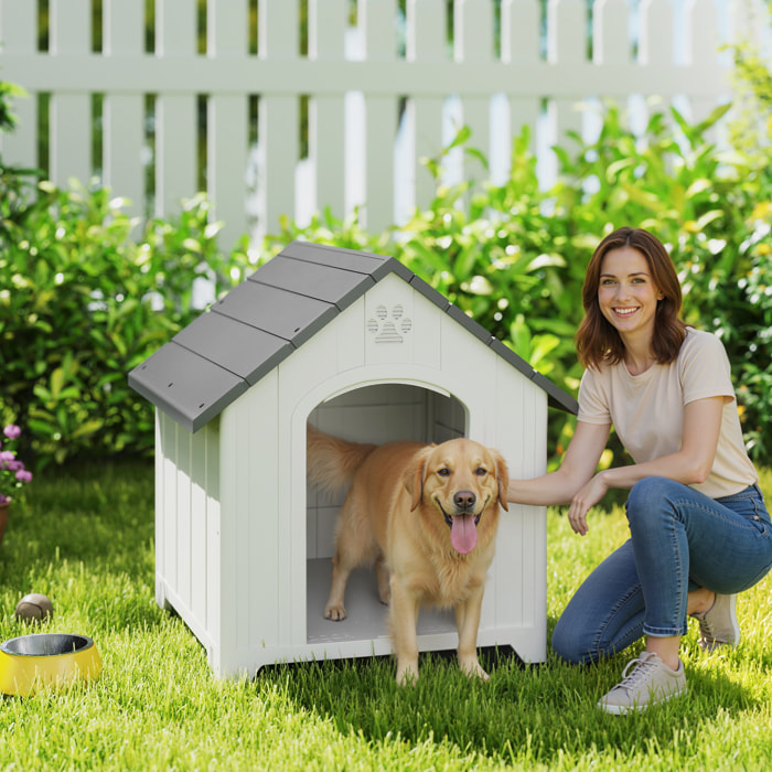 Caseta para Perros Exterior, Casa para Perros Grandes de Plástico Impermeable con 2 Ventanas, Base Elevada, Estacas, Fácil de Montar, 88x79x89 cm, Gris