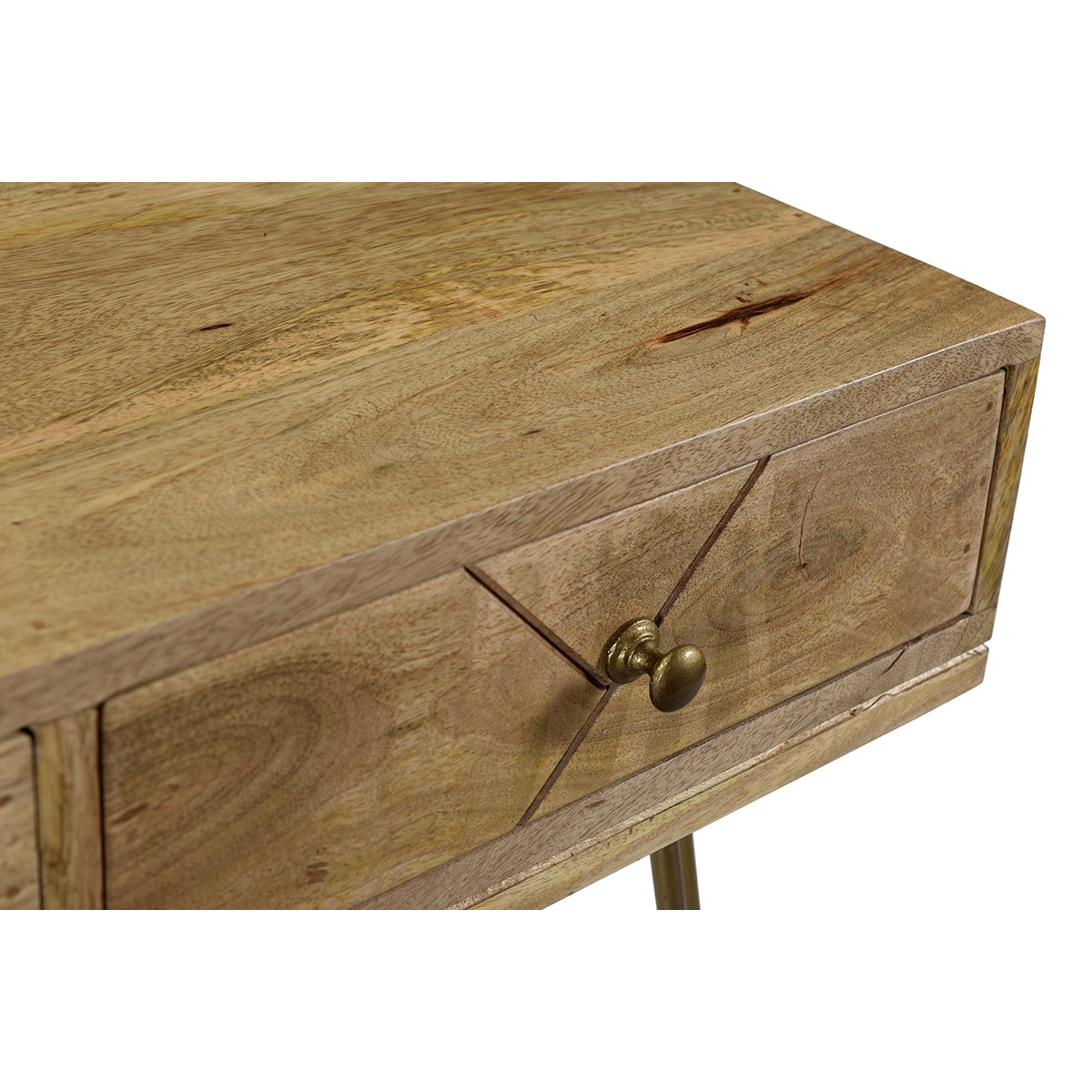 Console avec rangements 3 tiroirs en bois manguier massif gravé et métal doré L120 cm LINIUM