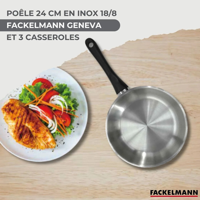 Lot Poêle et 3 Casseroles 12/16/20 cm Fackelmann Geneva avec 5 ustensiles Vario