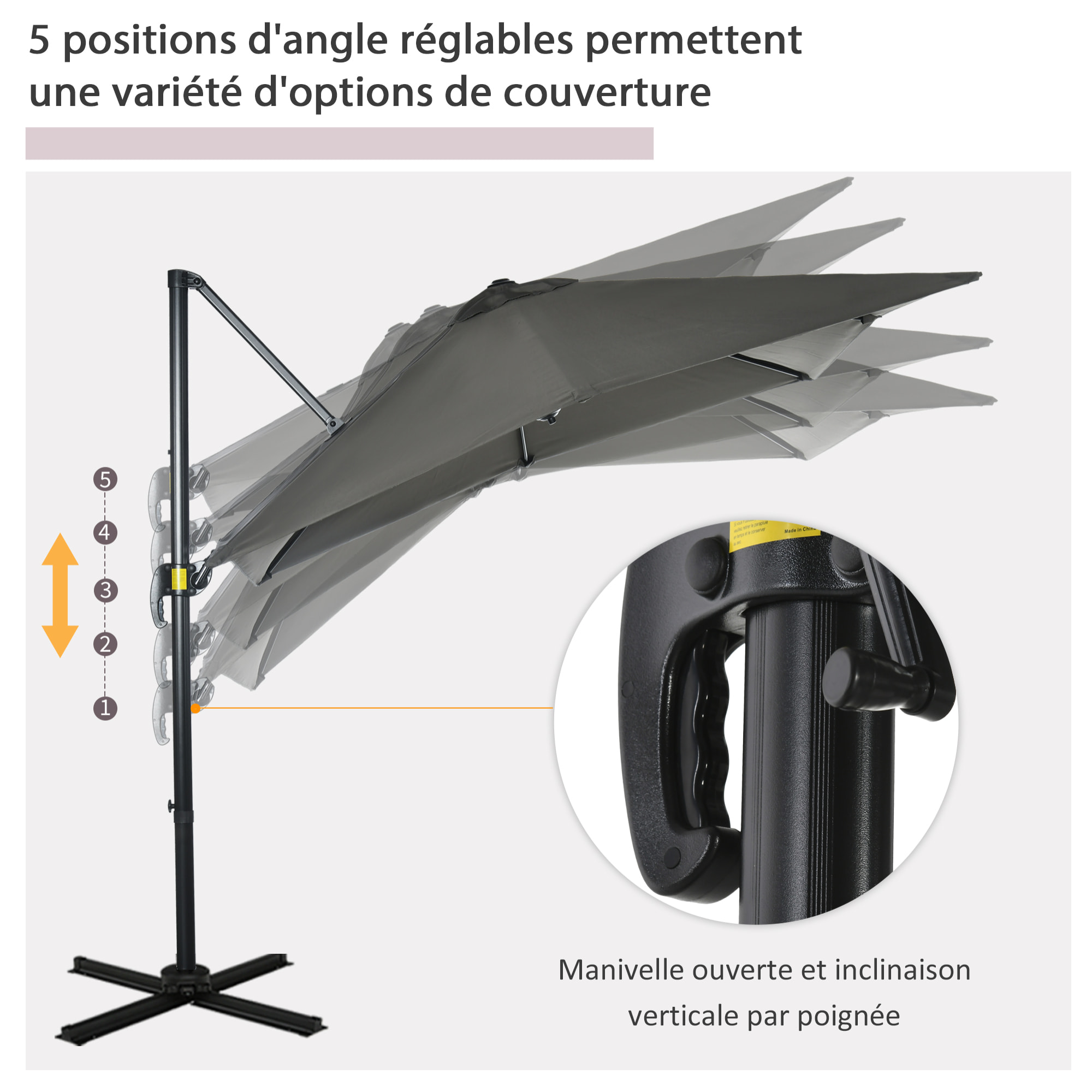 Parasol déporté carré inclinable manivelle avec pied en acier dim. 2,45L x 2,45l x 2,45H m métal alu. polyester haute densité gris