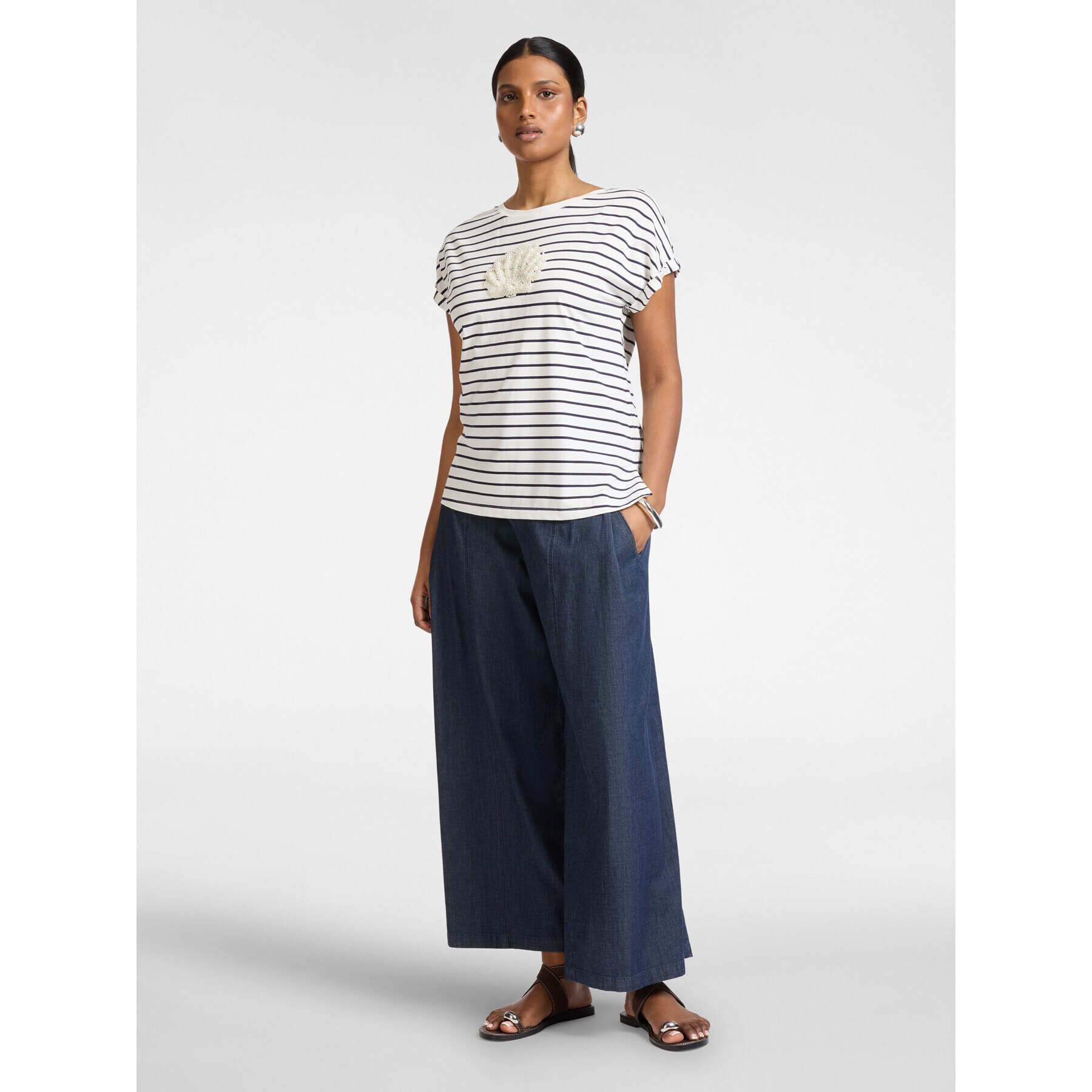 Elena Mirò - Camiseta de algodón a rayas con bordado - Blanco