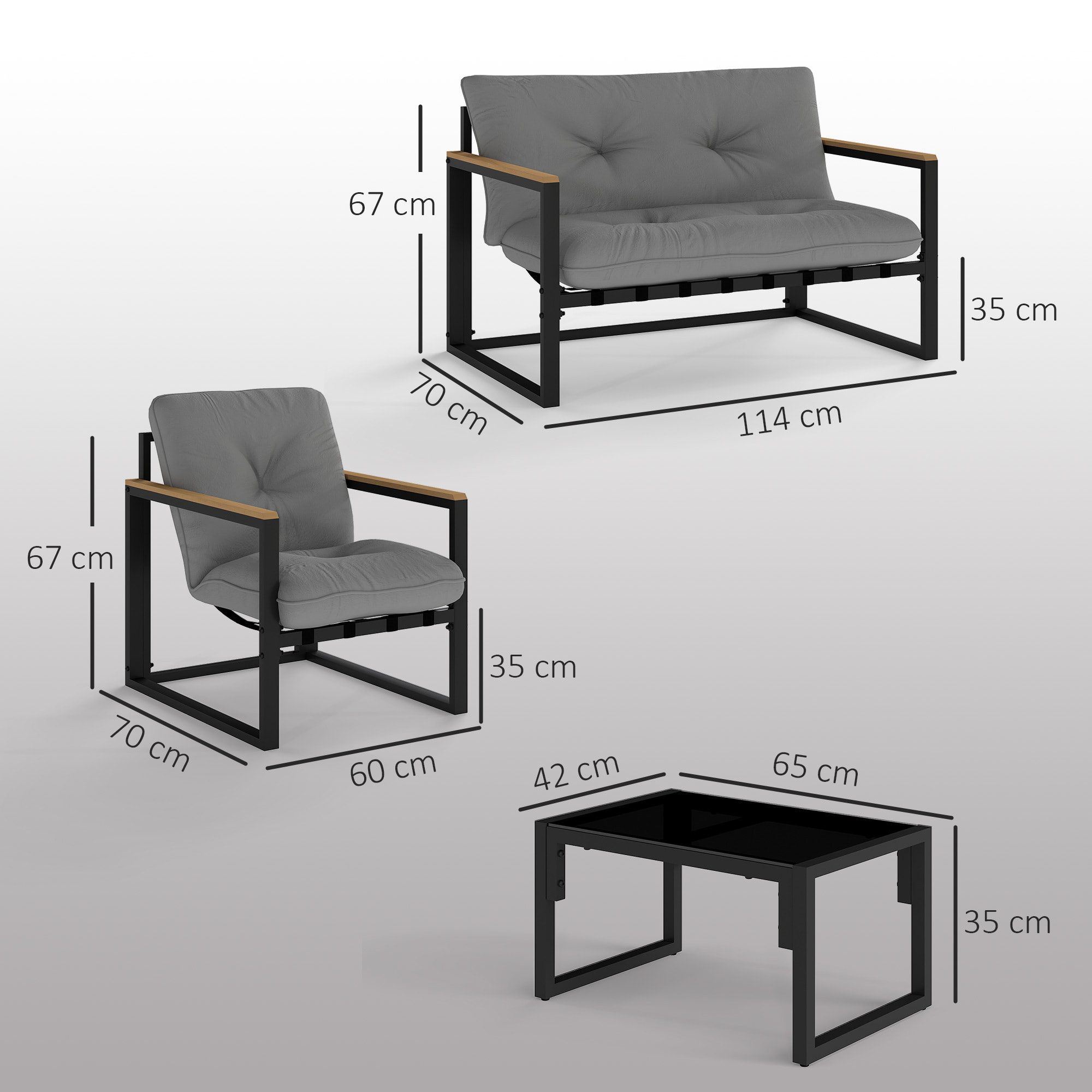 Conjunto de Jardín Exterior de 4 Piezas Muebles Jardín Exterior con 2 Sillones y 1 Sofá de 2 Plazas con Cojines y Mesa de Centro con Tablero de Vidrio Templado Gris y Negro