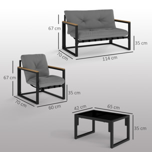 Conjunto de Jardín Exterior de 4 Piezas Muebles Jardín Exterior con 2 Sillones y 1 Sofá de 2 Plazas con Cojines y Mesa de Centro con Tablero de Vidrio Templado Gris y Negro