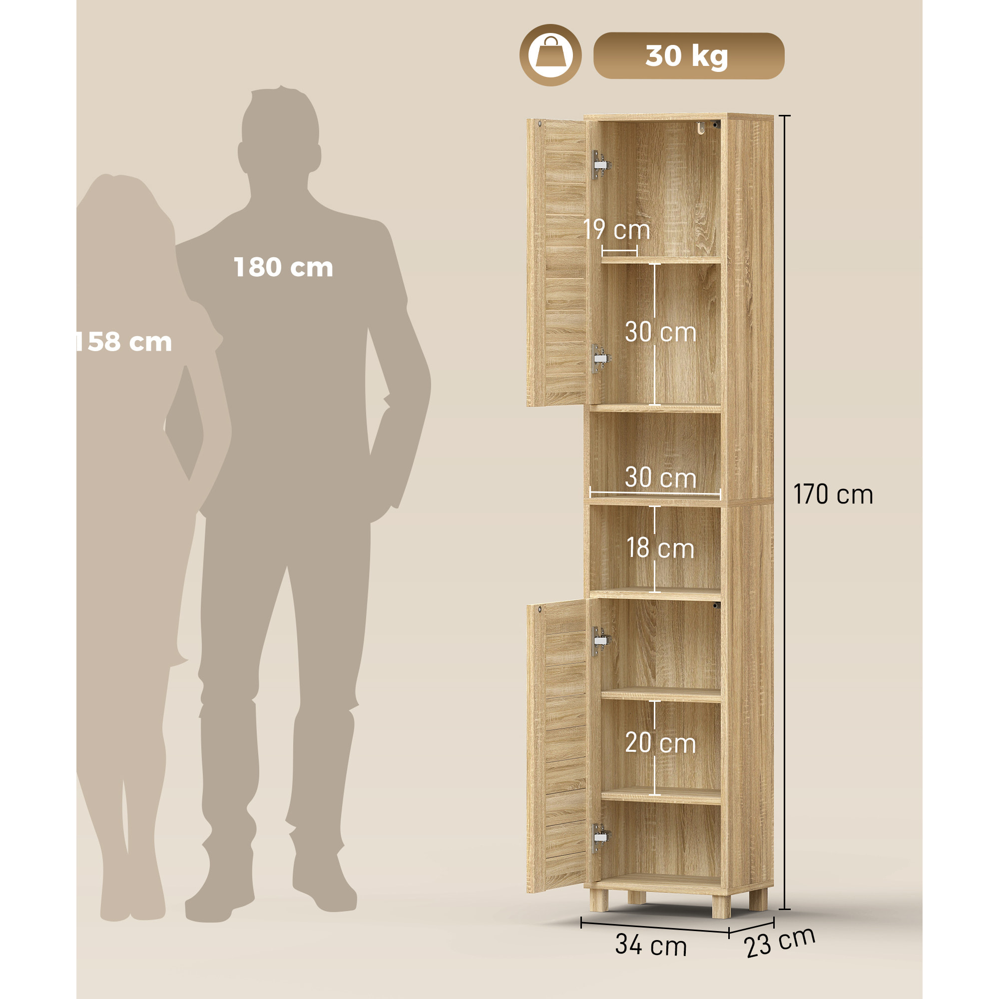 Armario de Baño Alto, Mueble Auxiliar de Baño Estrecho con Estantes Ajustables, Puertas de Lamas Apertura por Presión, Estantes Abiertos, para Espacios Pequeños, 34x23x170 cm, Natural