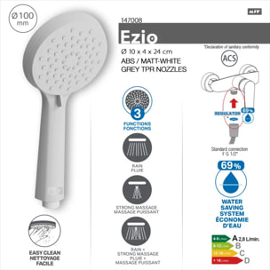 Pommeau de douche MSV Ezio Blanc matt – 3 fonctions – Économie d'eau 69 % – Ø 100 mm
