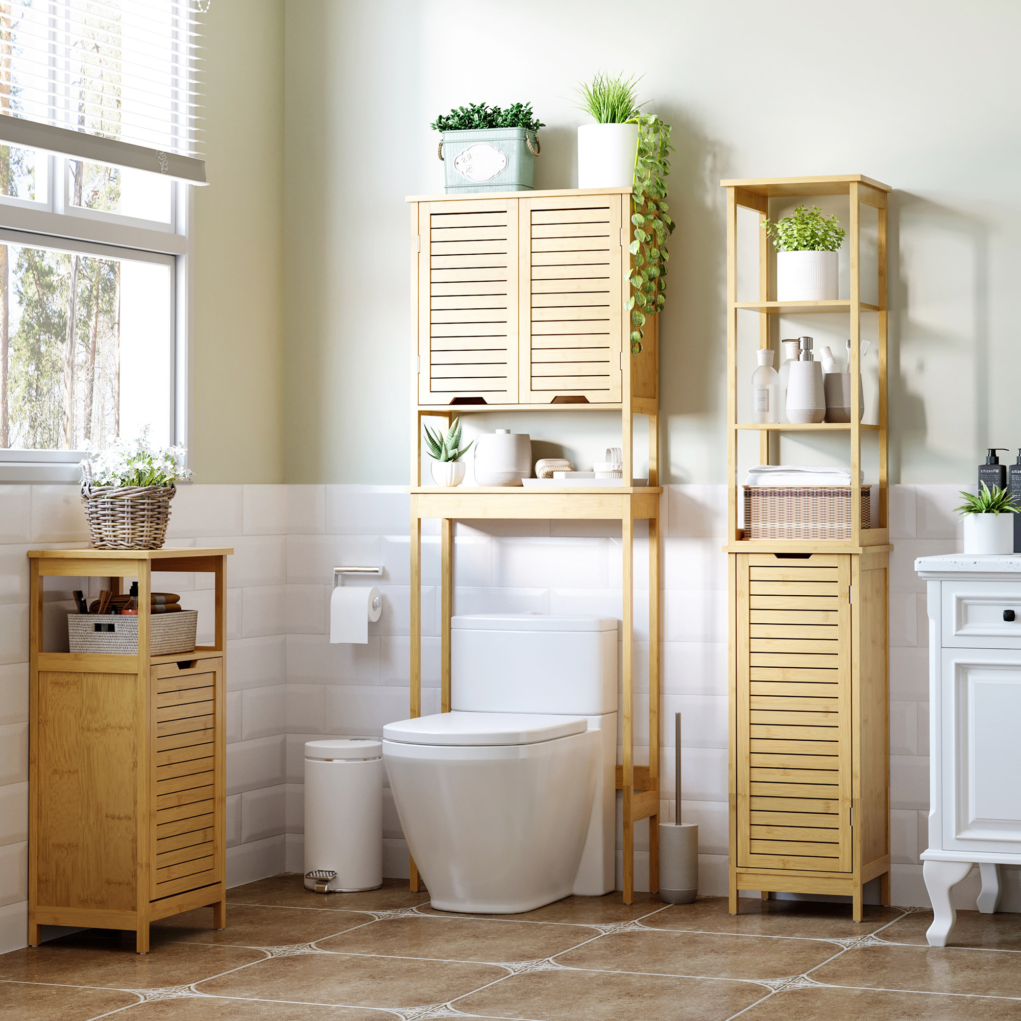 kleankin Estantería de Baño de Bambú Armario para Baño con 2 Estantes y 1 Cajón de Tela Extraíble Mueble Columna de Almacenaje para Salón Cocina 40x30x86,5 cm Natural