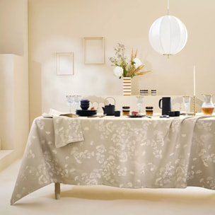 Nappe pur coton enduit motif jacquard beige Mille ginkos naturel