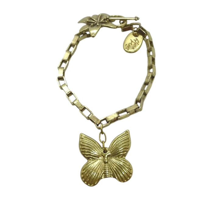 Pulsera cadena mariposa y flor con cierre T latón dorado