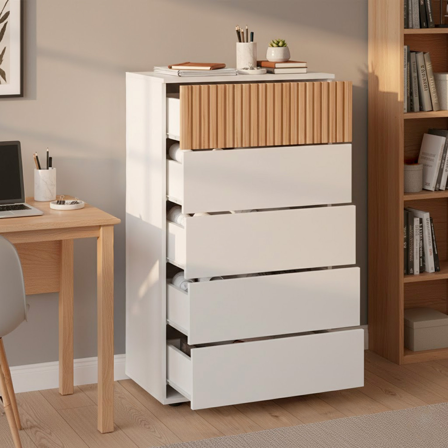 Comò Settimino 5 Cassetti Settimanale Alto Salvaspazio Mobile Mobiletto Cassettiera Camera da Letto Ingresso 109 x 61 x 40 Cm Bianco E Rovere Listato