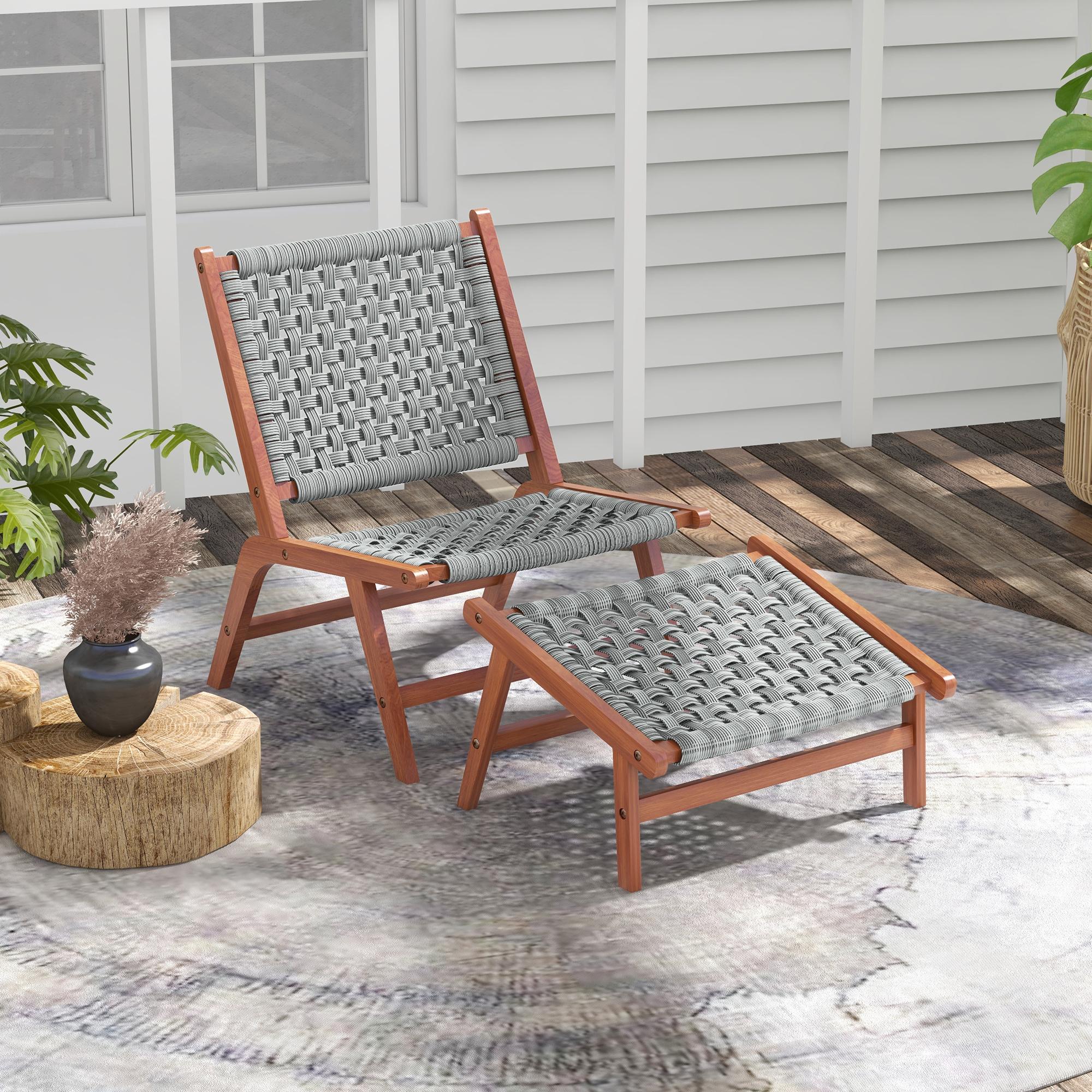 Fauteuil relax de jardin avec repose-pied bois d'acacia résine tressée grise