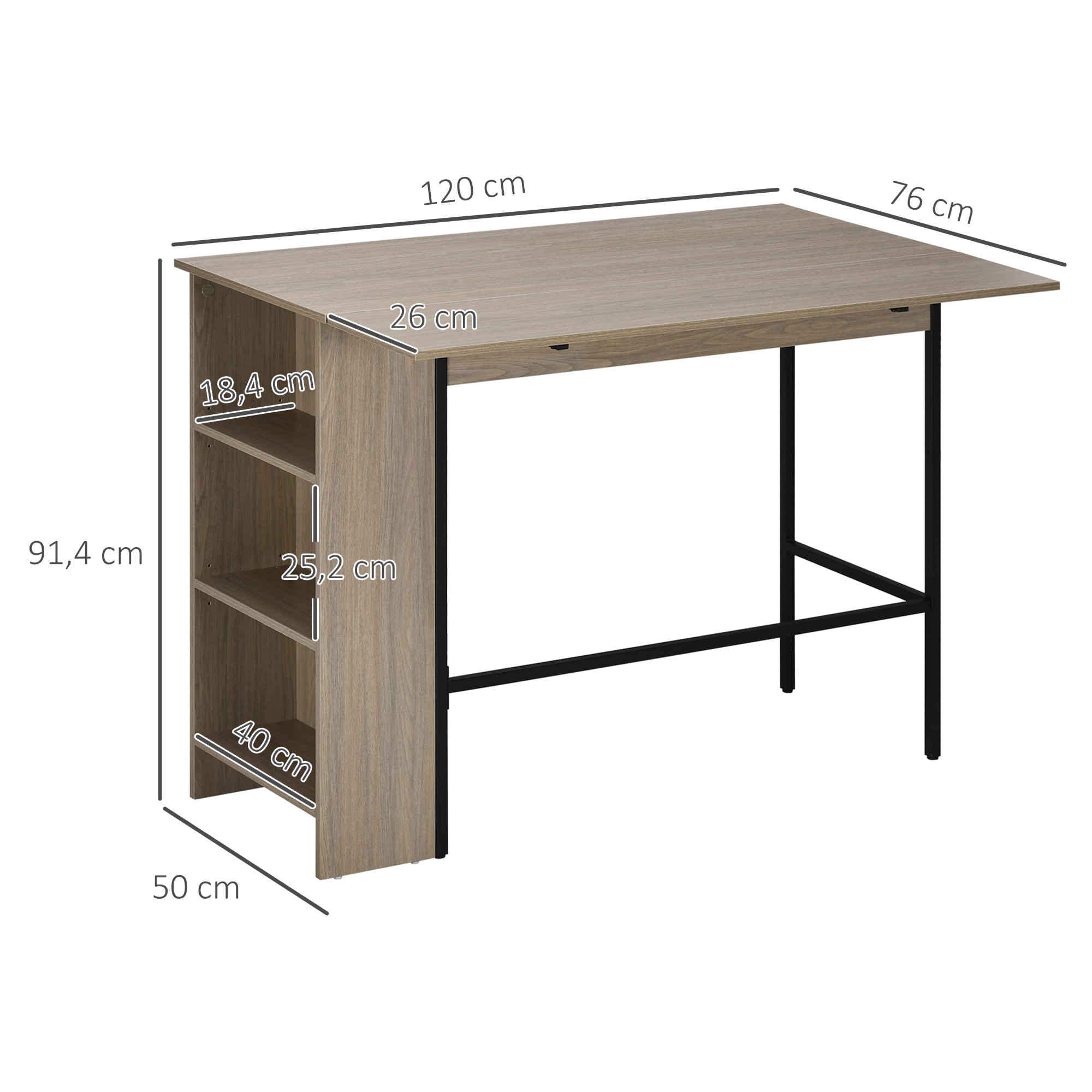 Table de bar extensible design industriel - 3 étagères intégrées - châssis métal noir aspect bois gris