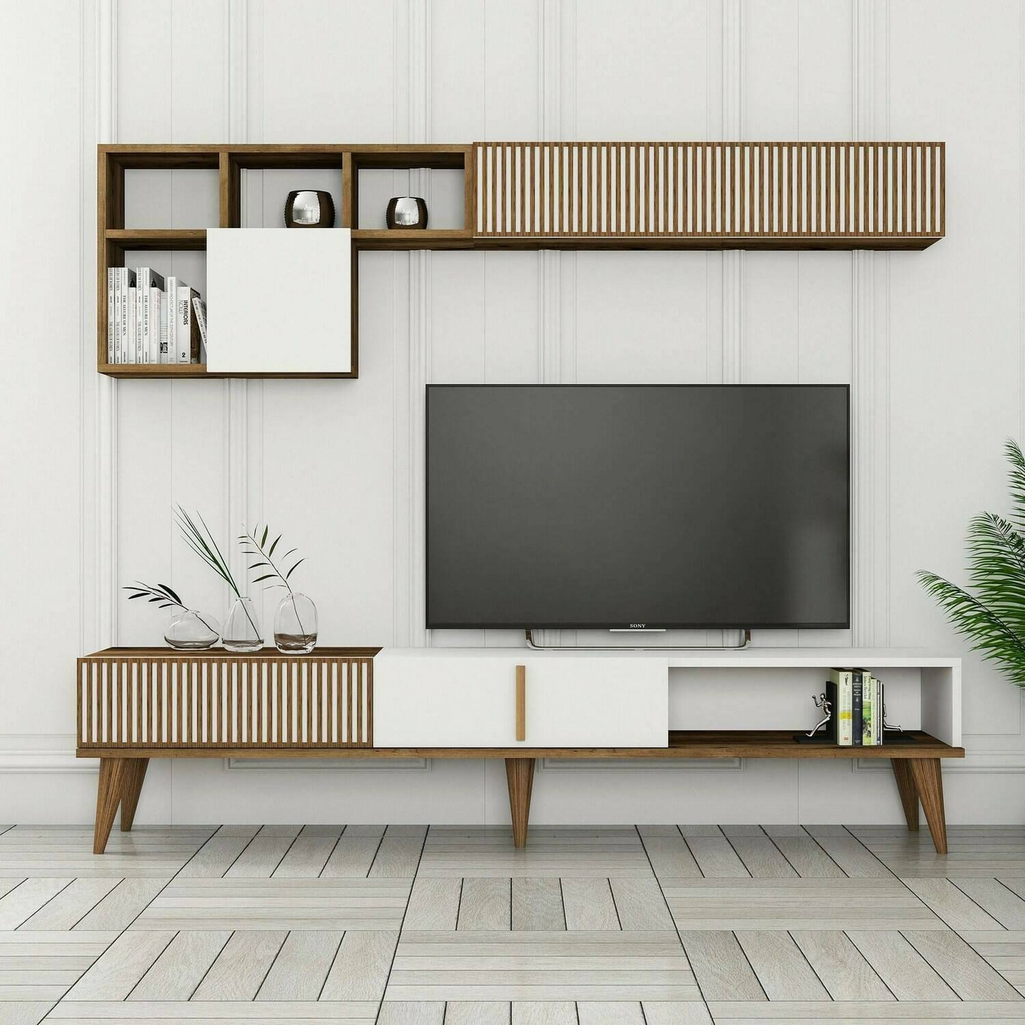 Parete attrezzata Dmalavas, Composizione soggiorno, Mobile salotto multiuso, Armadio porta TV, 180x35h40 cm, Noce e Bianco