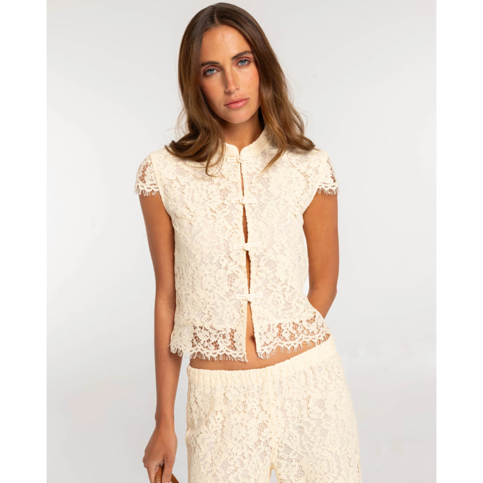 Top de mujer de encaje con cuello mao