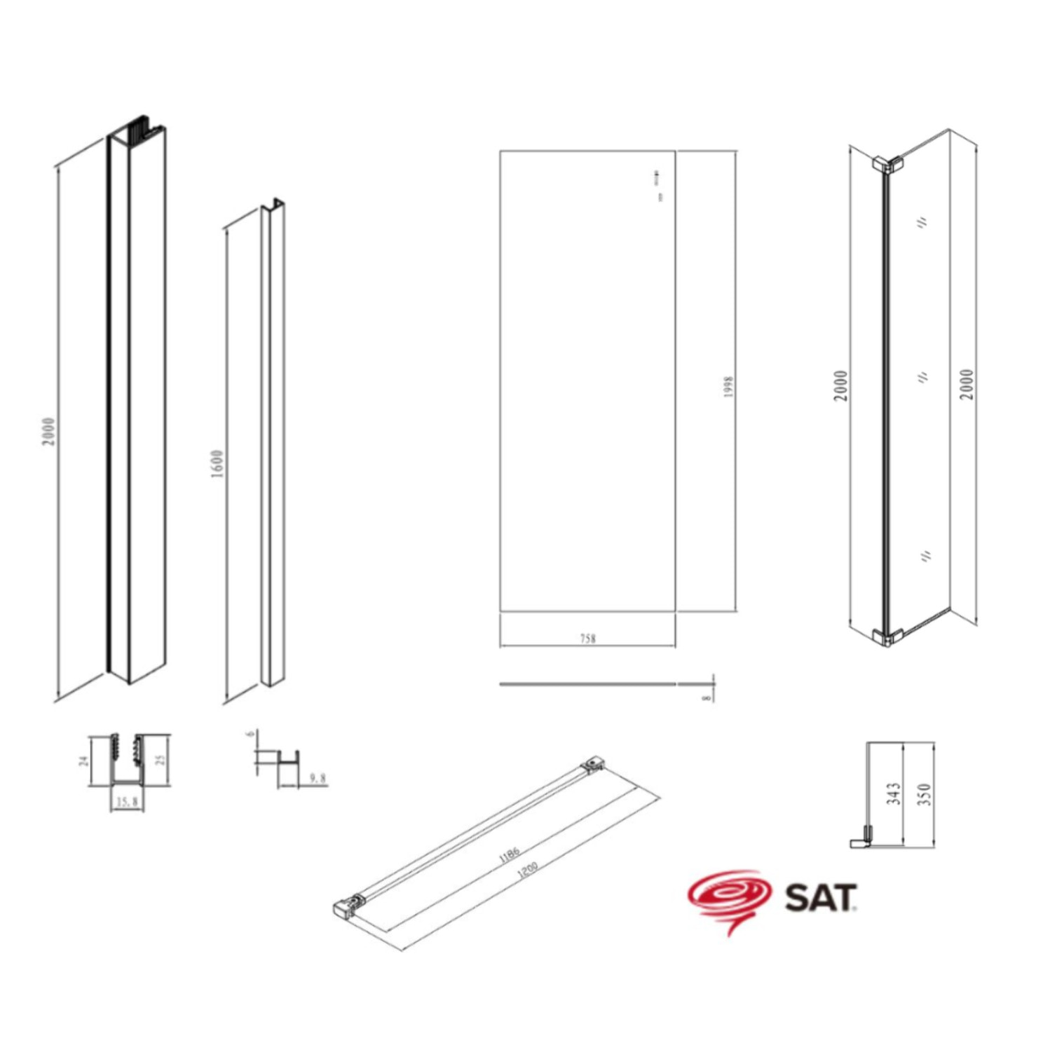 Walk-in 80x200cm Paroi et retour pivotant en verre Crystal Glass® 8 mm anticalcaire , avec bras et profilés noir mat