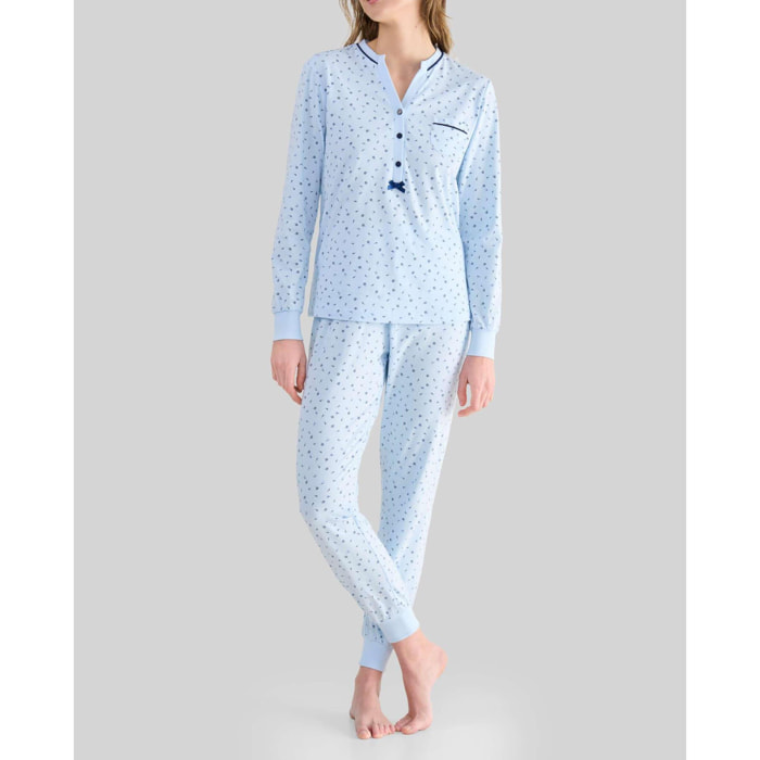 Pijama mujer estampado florecitas, escote redondo, abertura de botones, puños elásticos, cómoda manga larga y pantalón largo