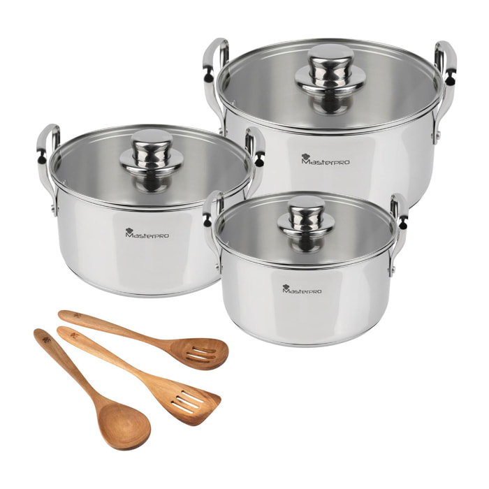 Juego de 3 cacerolas con tapas ø20ø24ø28cm en acero inoxidable y 3 utensilios de cocina masterpro