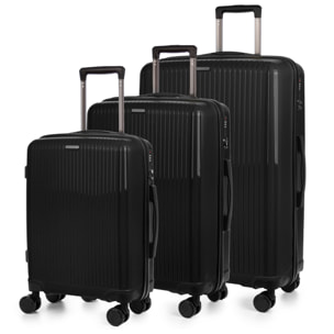 Set di 3 valigie Trolley, in materiale leggero PP resistente alle rotture. Serratura TSA a combinazione, 4 ruote doppie girevoli a 360°.