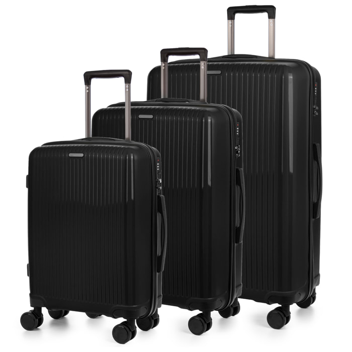 Set di 3 valigie Trolley, in materiale leggero PP resistente alle rotture. Serratura TSA a combinazione, 4 ruote doppie girevoli a 360°.