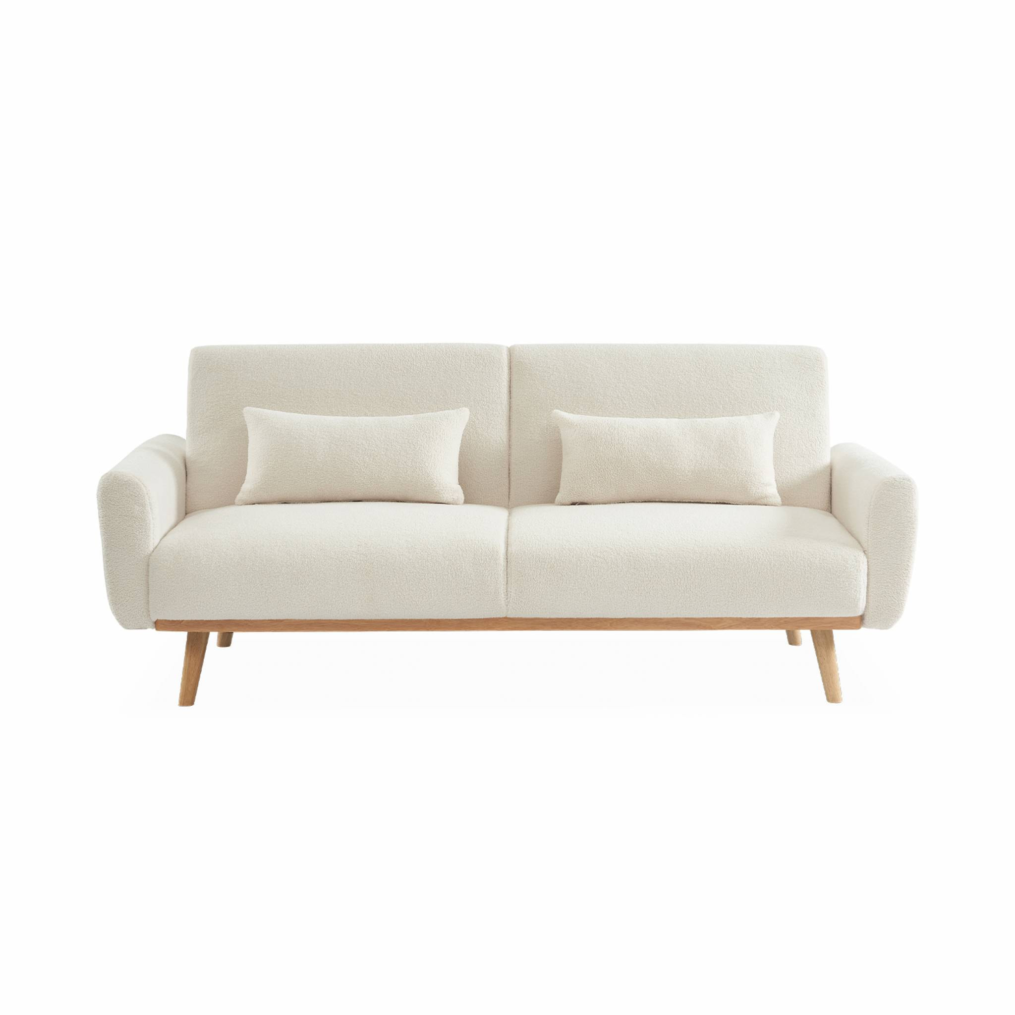Canapé convertible à bouclettes crème - Oskar - 2 - 3 places scandinave droit avec pieds bois