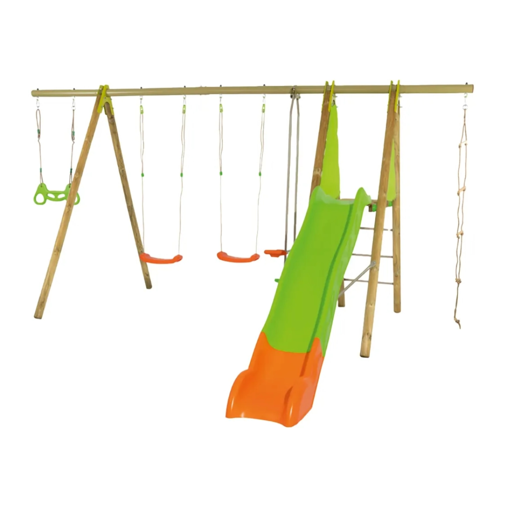 Balançoire en bois poutre métal Techwood MAKUTA 2,30 m avec toboggan 8 enfants