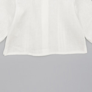 Camisa lino crudo. Con lorzas, cuello mao y manga larga.