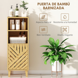 Armario de Baño Estrecho Mueble Auxiliar de Baño 32x30x90 cm con 2 Estantes Abiertos Puerta y Patas de Bambú Estilo Moderno para Espacios Pequeños Natural