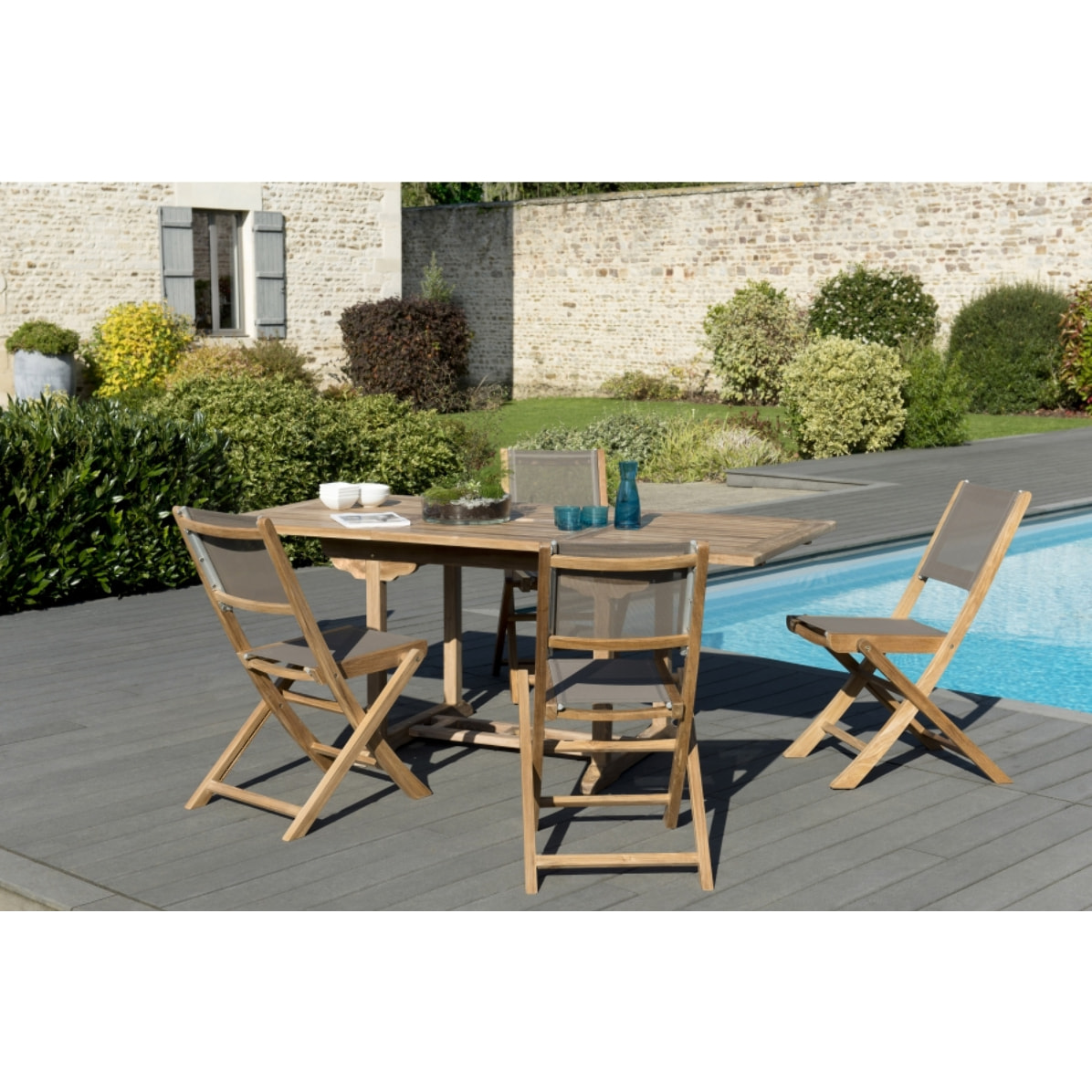 HARRIS - SALON DE JARDIN EN BOIS TECK 4/6 pers - Ensemble de jardin - 1 Table rectangulaire extensible 120/180*90 cm - 4 chaises