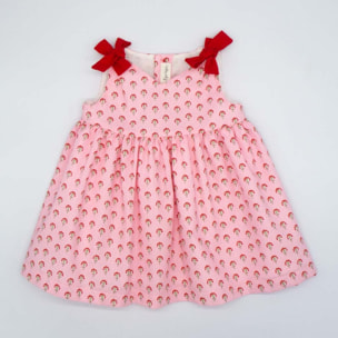 VESTIDO ROSA CON FLORES ROJAS Y LAZOS ROJOS