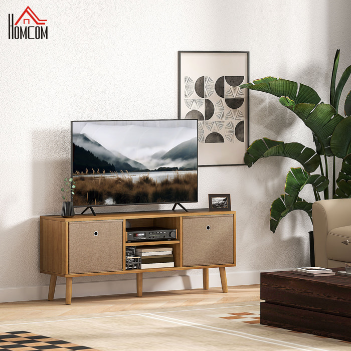 Mueble de TV, Mesa de TV con 2 Cajones de Tela, 2 Estantes Abiertos, Orificios para Cables, para Televisores hasta 50 Pulgadas, Largo de 110 cm, para Salón, Dormitorio, Madera y Marrón