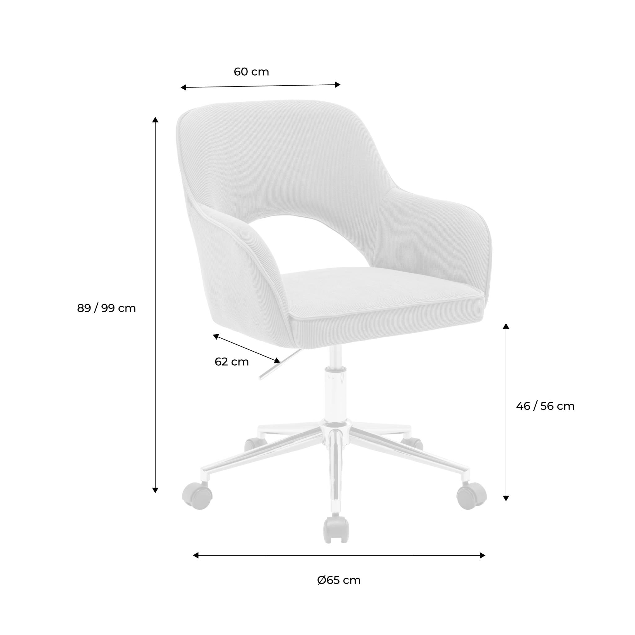Chaise de bureau à roulettes velours côtelé kaki piétement chromé. L 60 x P 62 x H 89 / 99cm