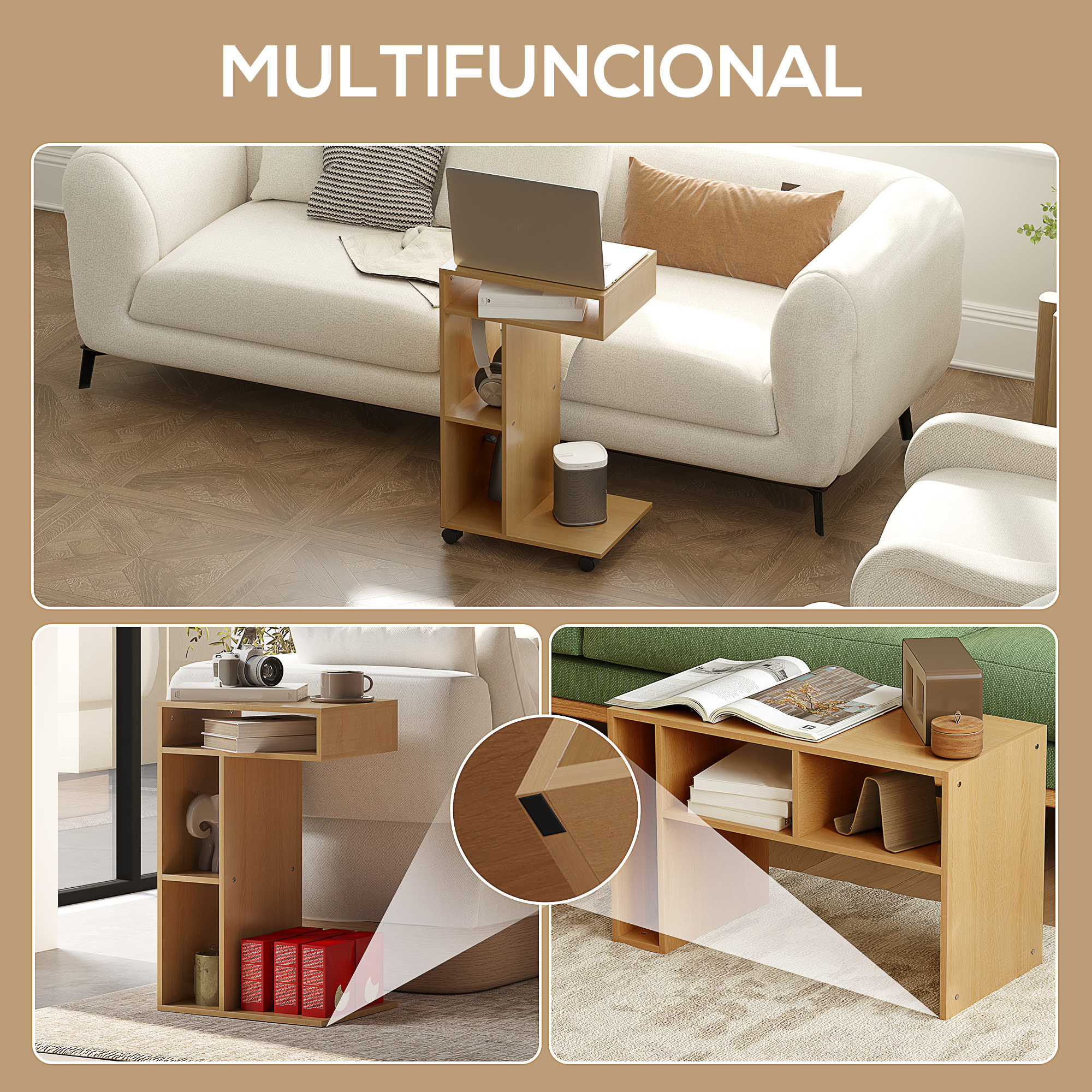 Mesa Auxiliar Multifuncional en Forma de C Mesa Auxiliar para Sofá con Ruedas Compartimentos Abiertos Mesa Auxiliar para Salón Dormitorio Oficina 40x30x69 cm Roble