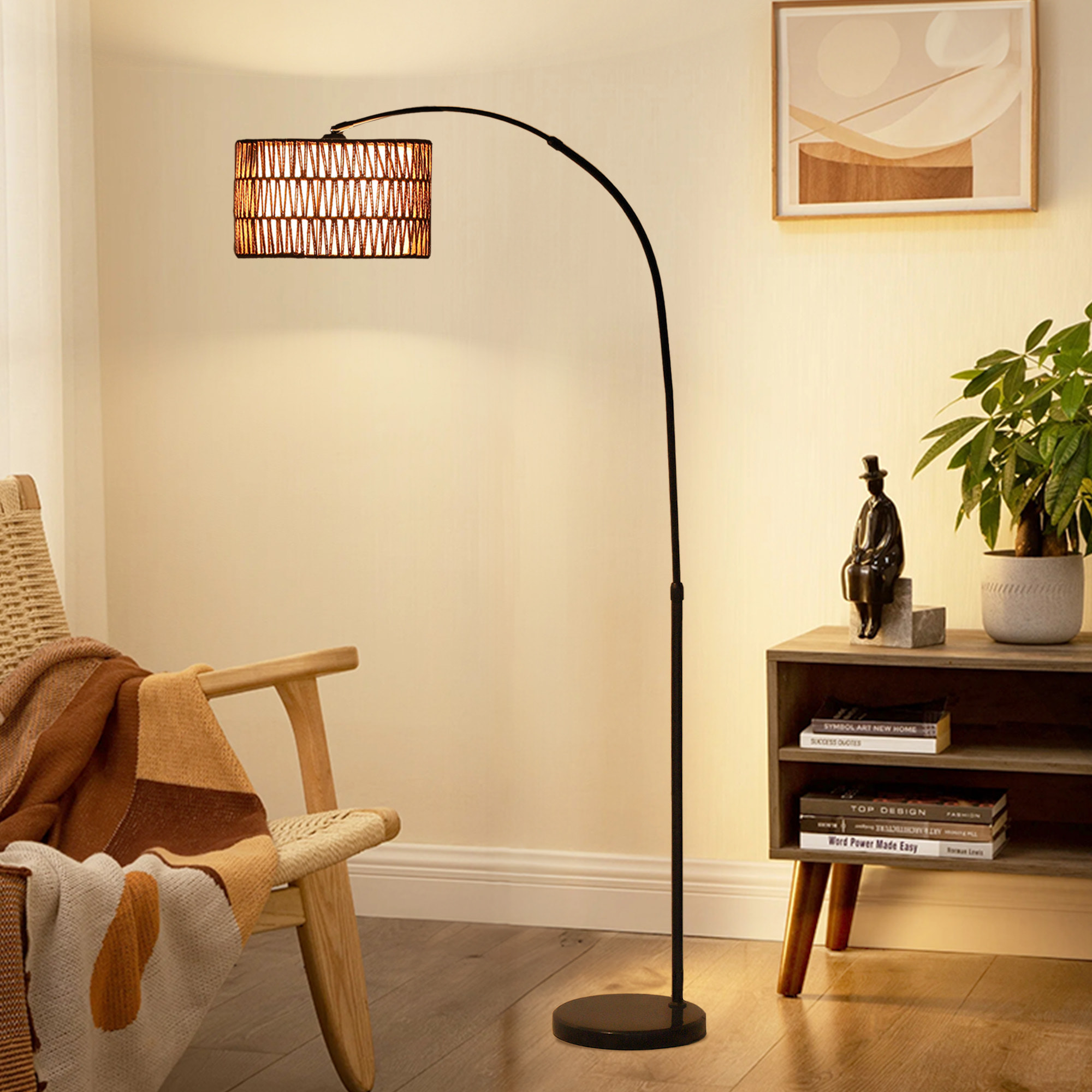 Lámpara de Pie de Arco Lámpara de Pie Salón con Altura Ajustable Pantalla de Yute Interruptor de Pie y Base de Mármol para Sala de Estar Oficina Dormitorio Negro y Marrón