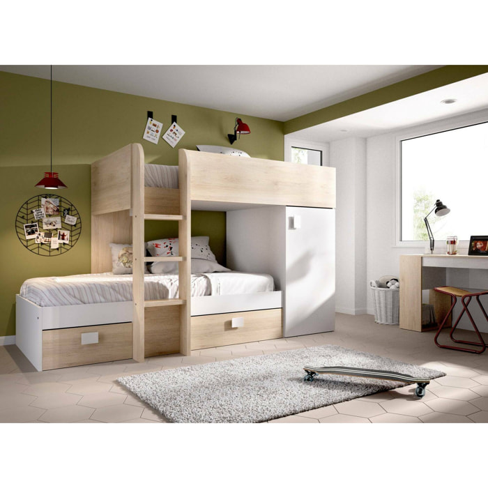 Composizione camera da letto Pax, Cameretta completa, Composizione letto a castello con due lettini singoli, 255x112h150 cm, Bianco e Rovere