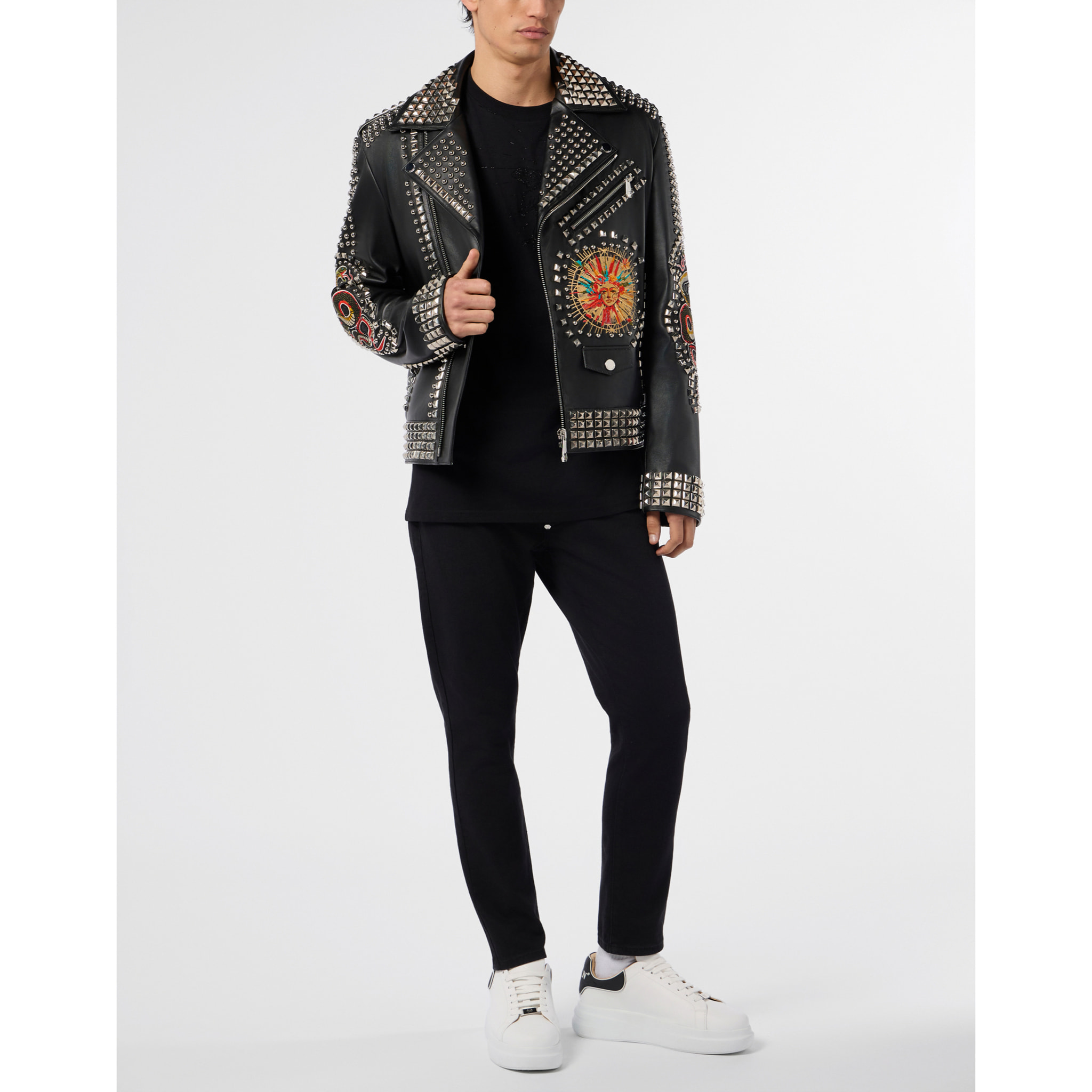 PHILIPP PLEIN Vintage Leather Biker Jacket Studs & Patches