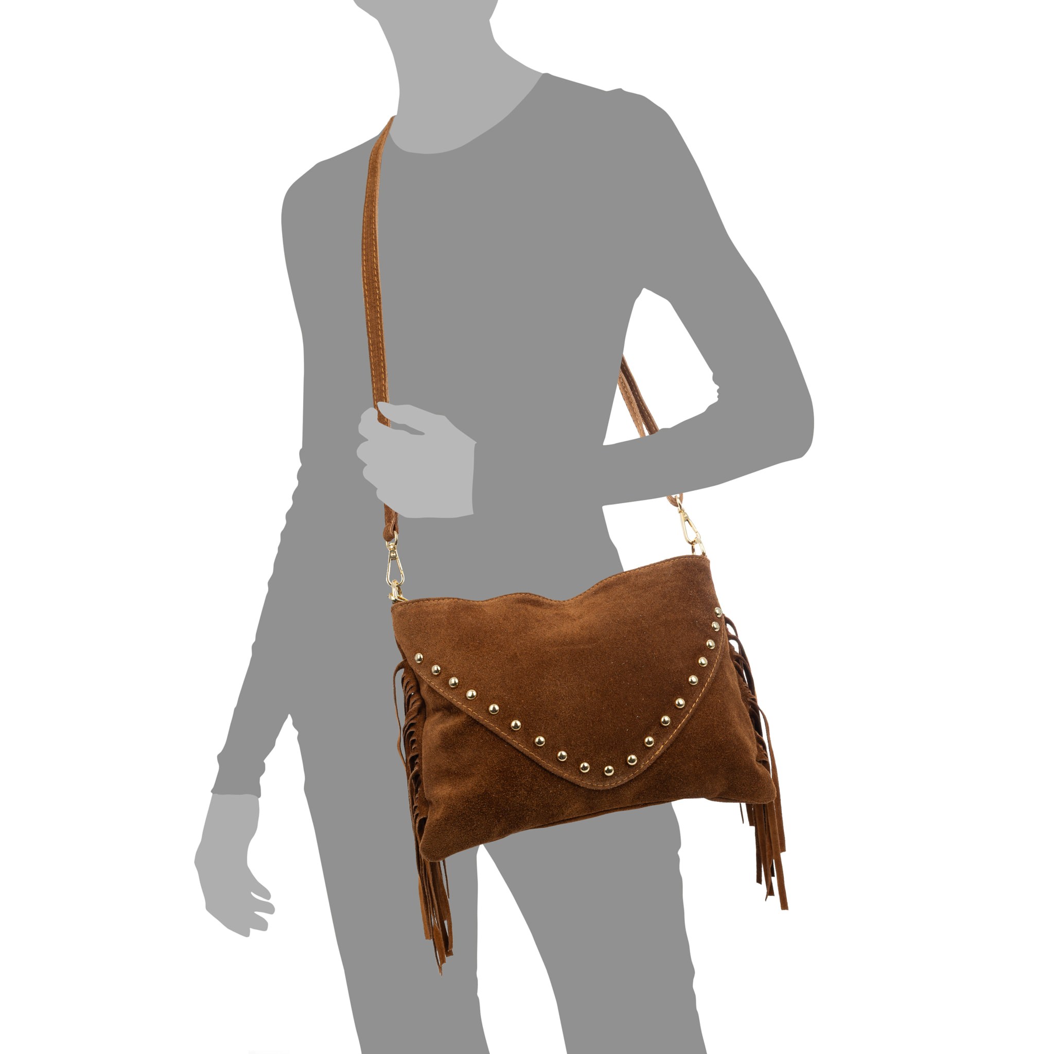 Bellegra Bolso de hombro Mujer. Piel auténtica Gamuza con detalles metálicos.
