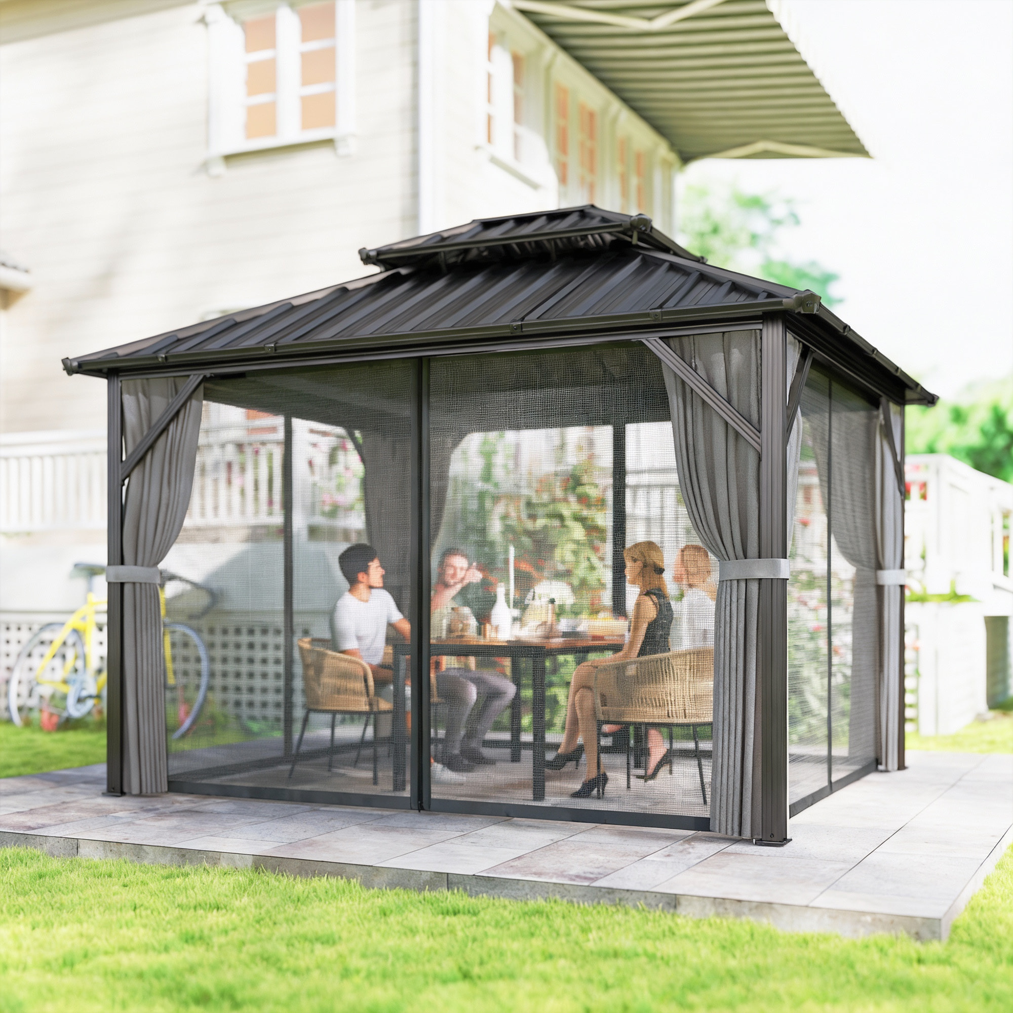 Pavillon de jardin  toit rigide - rideaux et moustiquaire - alu et acier - 3x3,6m - gris foncé