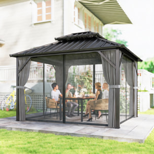Pavillon de jardin  toit rigide - rideaux et moustiquaire - alu et acier - 3x3,6m - gris foncé