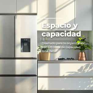 EVVO Frigorífico francés F80X Aqua, Inverter, Total No Frost, 323l + 183l, Dispensador de agua