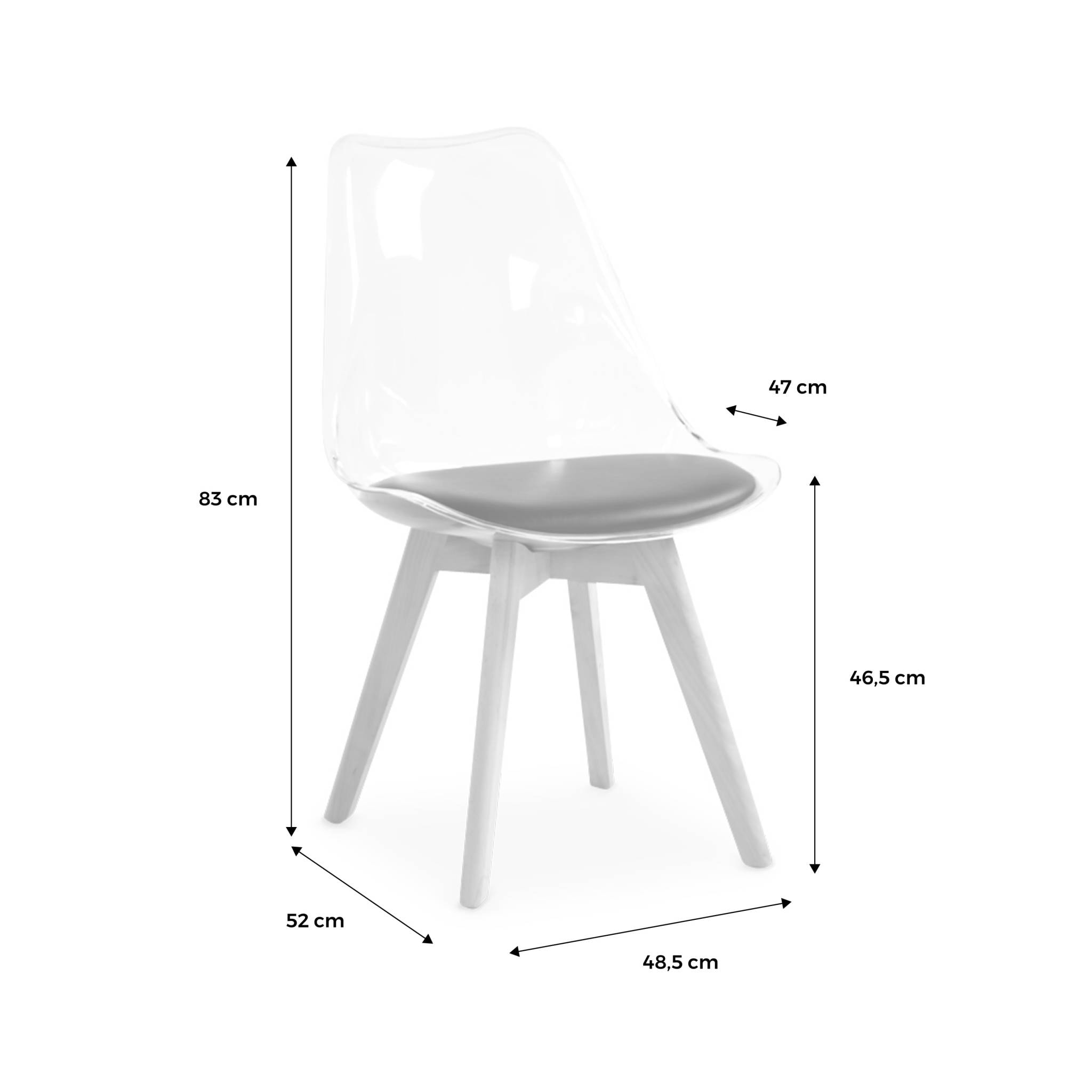 Lot de 4 chaises scandinaves - Lagertha - pieds bois. fauteuils 1 place. coussin blanc. coque transparente